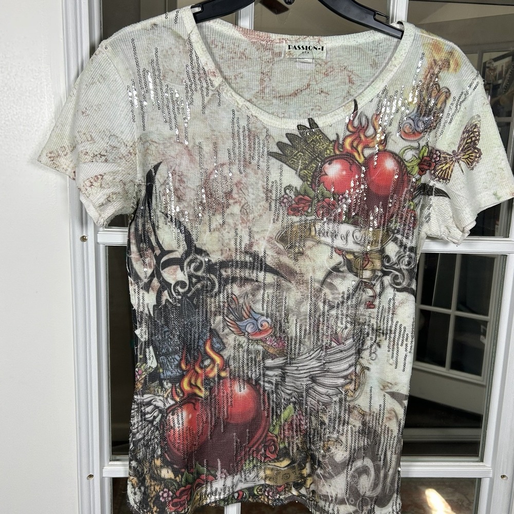 Vintage 1990s Passion-1 Tattoo Flash Sequin Heart Of Love Graphic Tee‎ Size Med.